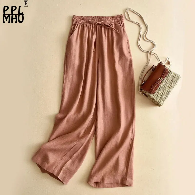 

Women Summer Thin Wide Leg Pant Casual Cotton Linen Baggy Pantalones Elastic Waist Ankle Length Trousers Candy Color Basic Caprs