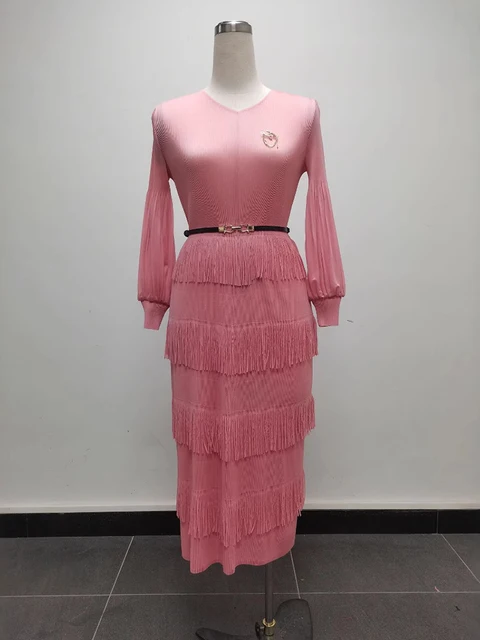 LANMREM Tassel Spliced Design Women's Pleated Dress V-neck Lantern Long Sleeves Elastic Loose Orange Red Famale Dresses 2DB3476