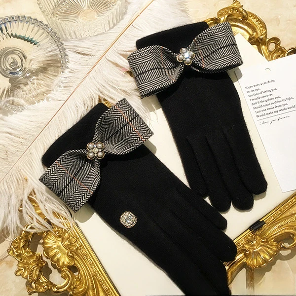 2020 Jesień/Zima Nowe Podzielone Palce Cookie Brytyjski Wzór Kokarda Styl Wełna Kaszmir Rękawiczki dla Kobiet_voghion.com