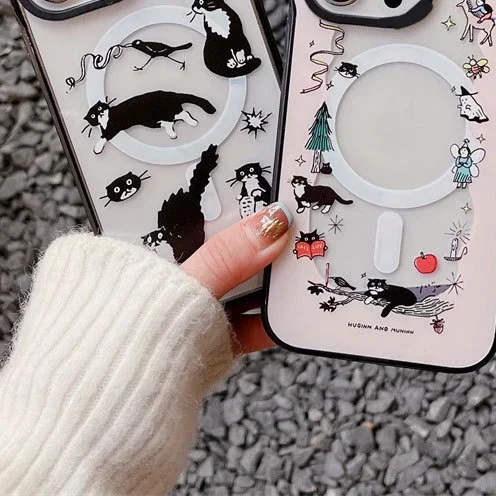 MagSafe Acrylic Black Cat Phone Case Cover for IPhone 11 12 13 14 15 Pro Max Case for IPhone 15 Pro Max