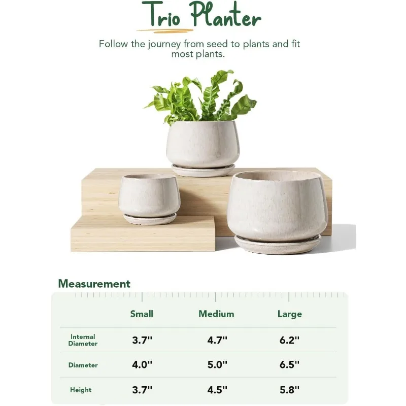 Plant Pots, 4.1+5.1+6.5 inch, Set of 3, Ceramic Planters with Drainage Hole and Saucer, Indoor Flower Pot with Hole Mesh Pad 5