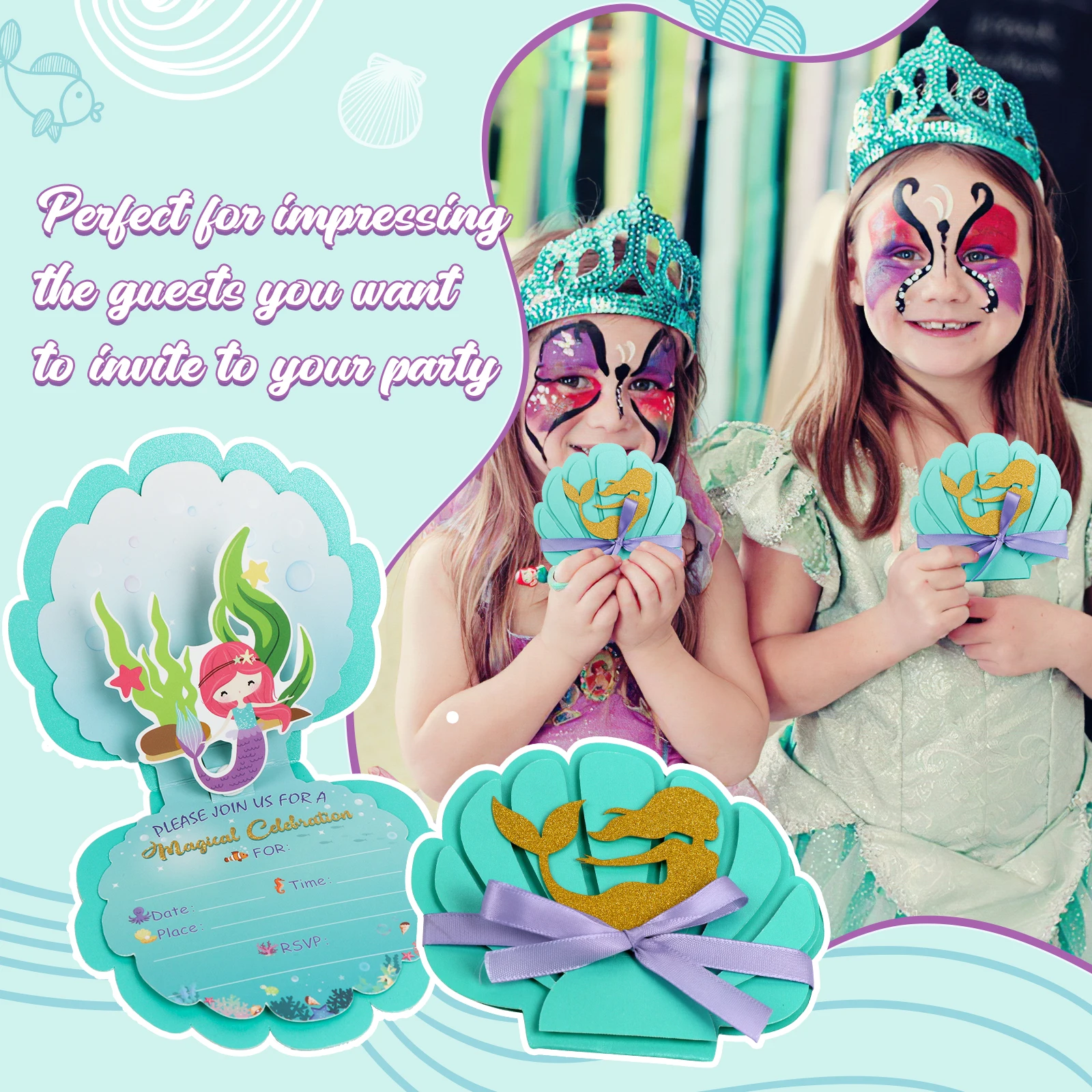 Mermaid Party Invitations Pearlescent Mermaid Birthday Party Supplies Envelopes 6Pcs for Kids Girls Birthday Wedding Decor