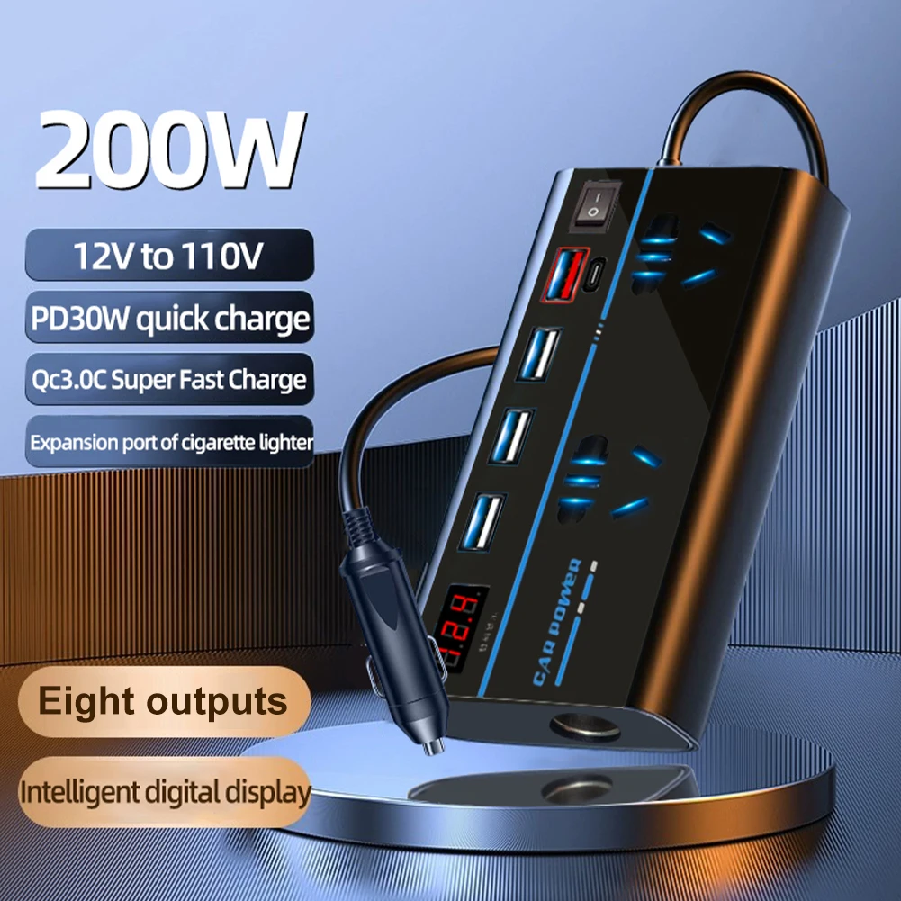 Inversor USB 60W 12V-24V A 5V Con 5 Puertos De Carga Y Luz LED SOS Para Coche - Carga Múltiples Dispositivos