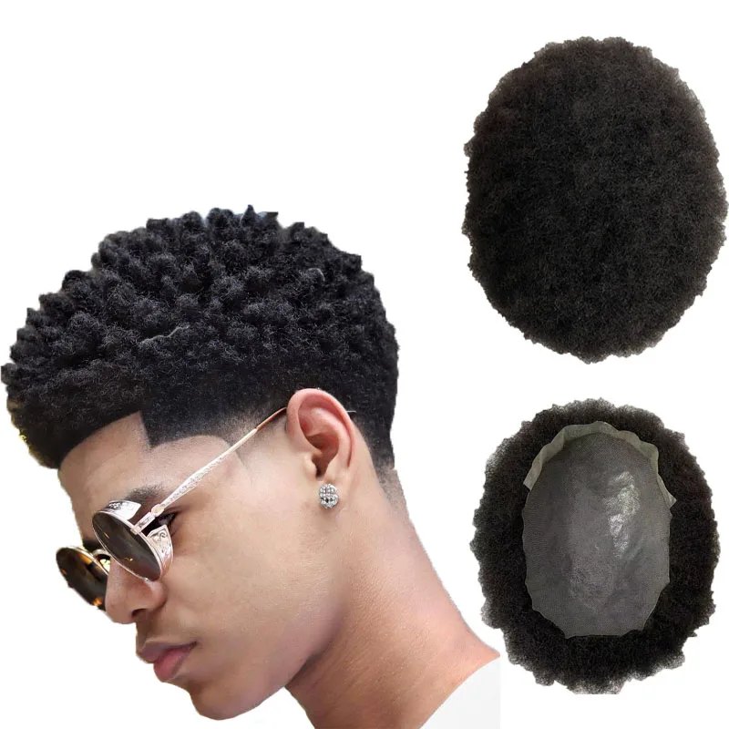 

Indian Virgin Human Hair Pieces #1b Color 4mm Afro/6/8/10mm Wave Full PU Toupee for Black Men