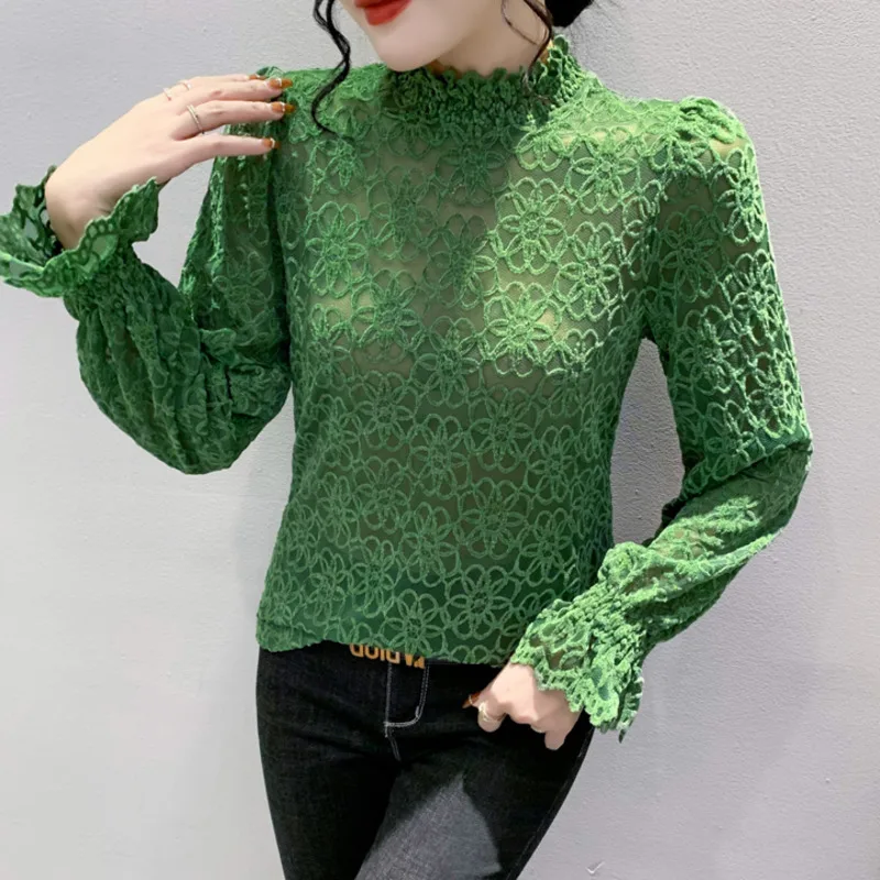 

#8235 Perspective Lace T Shirt Women Sexy Turtleneck T Shirt Femme Slim Vintage Elastic Long Sleeve Women T-shirt Solid Color