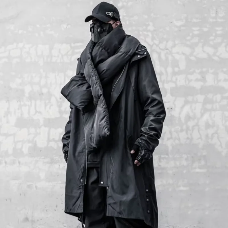 Niche Design Sense Detachable Neckerchief Mid-length Trench Coat Mens Clothing Y2K Punk High Street Tactical Function Jackets