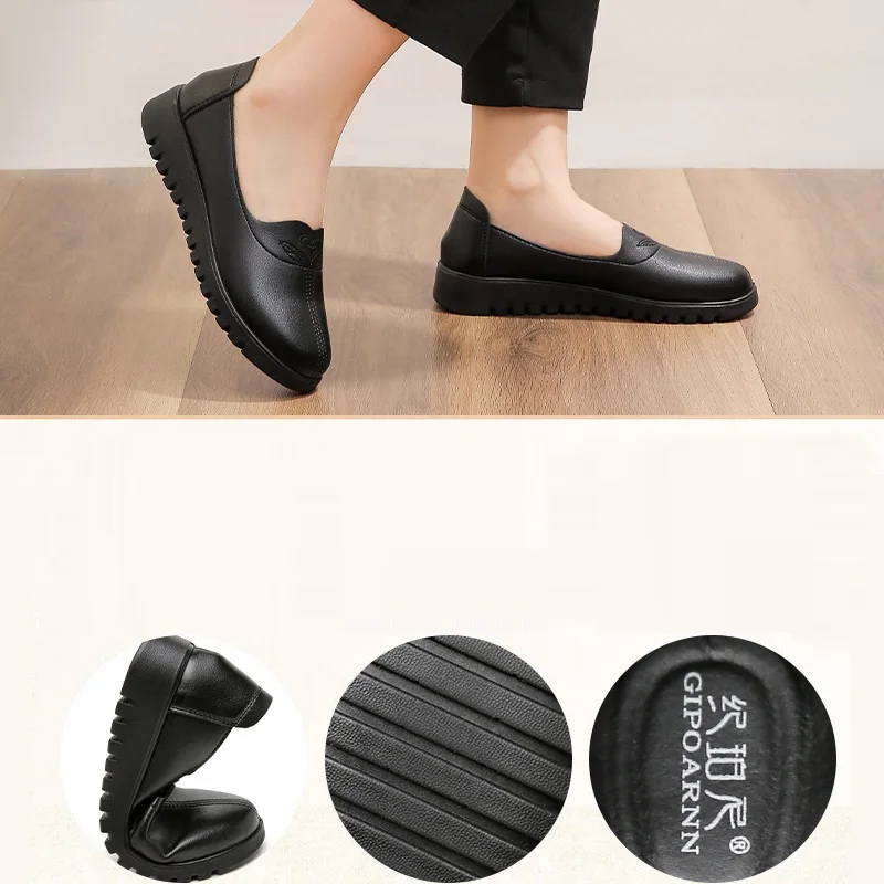 Autumn new fashion casual slip on women flat shoes Women's PU Leather Work shoes mother's single Shoes grandma
