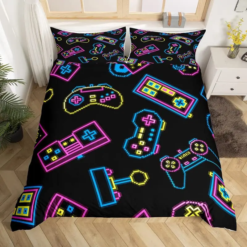 

Gamer King Queen Duvet Cover Gaming Bedding Set Pink Blue Game Comforter Cover Gamepad Console Controller Polyester Quilt Cover