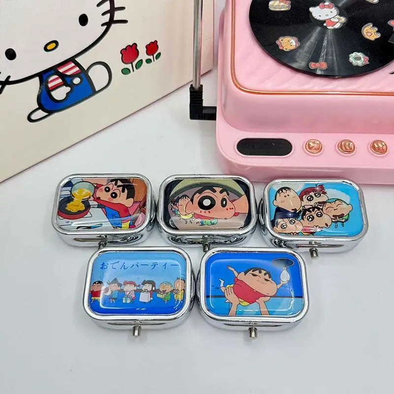 

Anime Cartoon Crayon Shin Chan Medicine Ring Box Metal Portable Kawaii Mirror Solid Travel Carry-On Exquisite Gifts For Girls