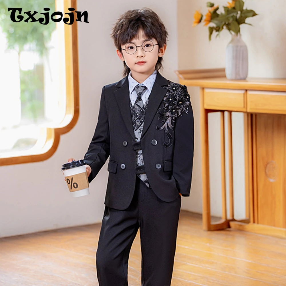 Boys Embroidery Suit Set 4 Pieces Stage Performance Wear Casual Notched Lapel Kids Suits For Celebration boys suits