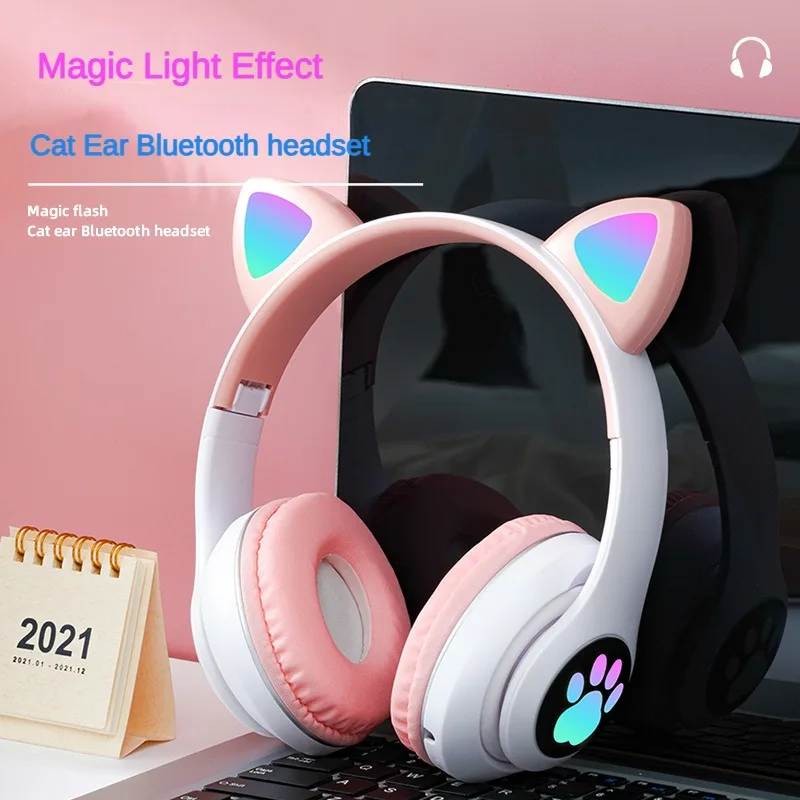 STN-28 Cat Ear Headset Bluetooth 5.0 Wireless E-sports Headphones with Light  Pink 