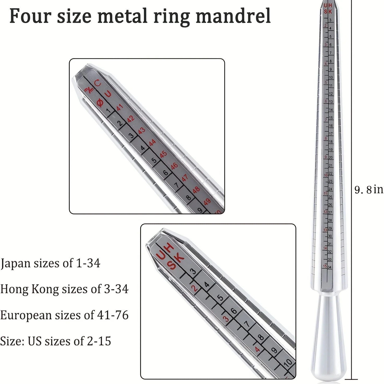 4 스케일 링 사이저 게이지 US/EU/HK/JP 알루미늄 합금 손가락 측정 도구 (남녀 공용, 보석 제작용)
