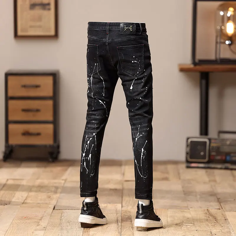 Fashionable street clothing men's painted jeans retro black gray elastic slim fit retro slit jeans men's designer hip-hop pants