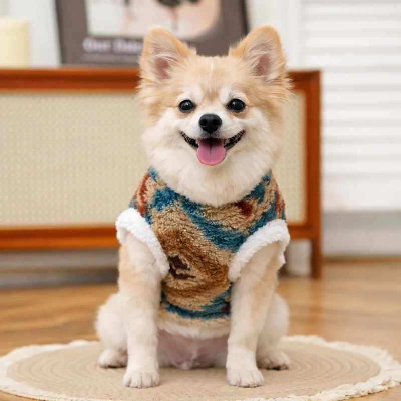 Hunde- und Katzen-Plüschweste, warme ärmellose Jacke, Haustiermantel im nordischen Strickmuster, kuschelige, fleecegefütterte Welpen- und Kätzchenbekleidung von Fair Isle_voghion.com