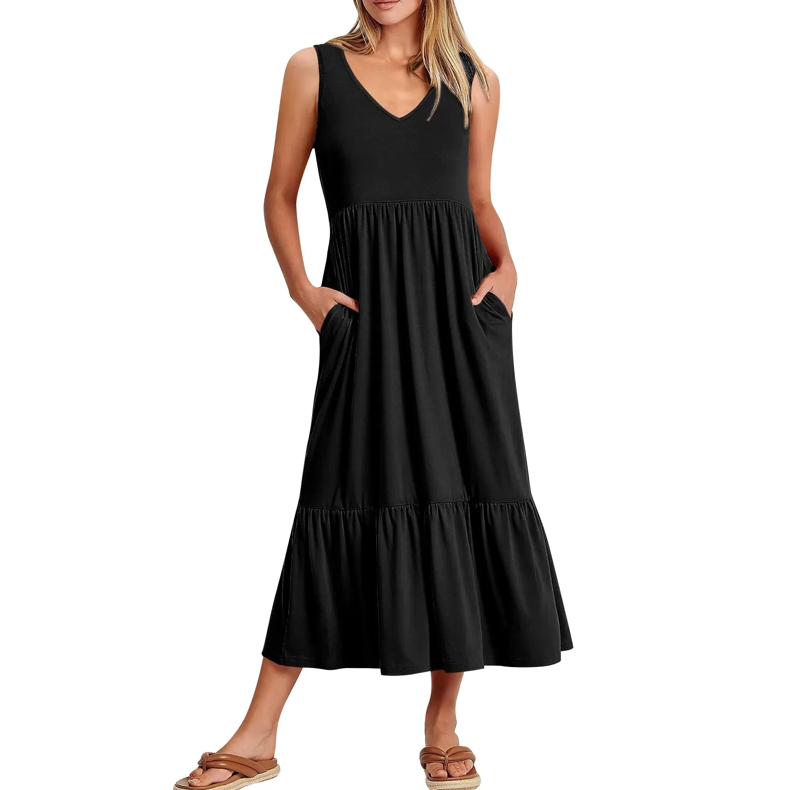

Ladies Casual Sexy Solid Color Fashion-forward and Trendy V-neck Pleated Large Hem Loose Sleeveless Pocket Dress Bodycon Dresse