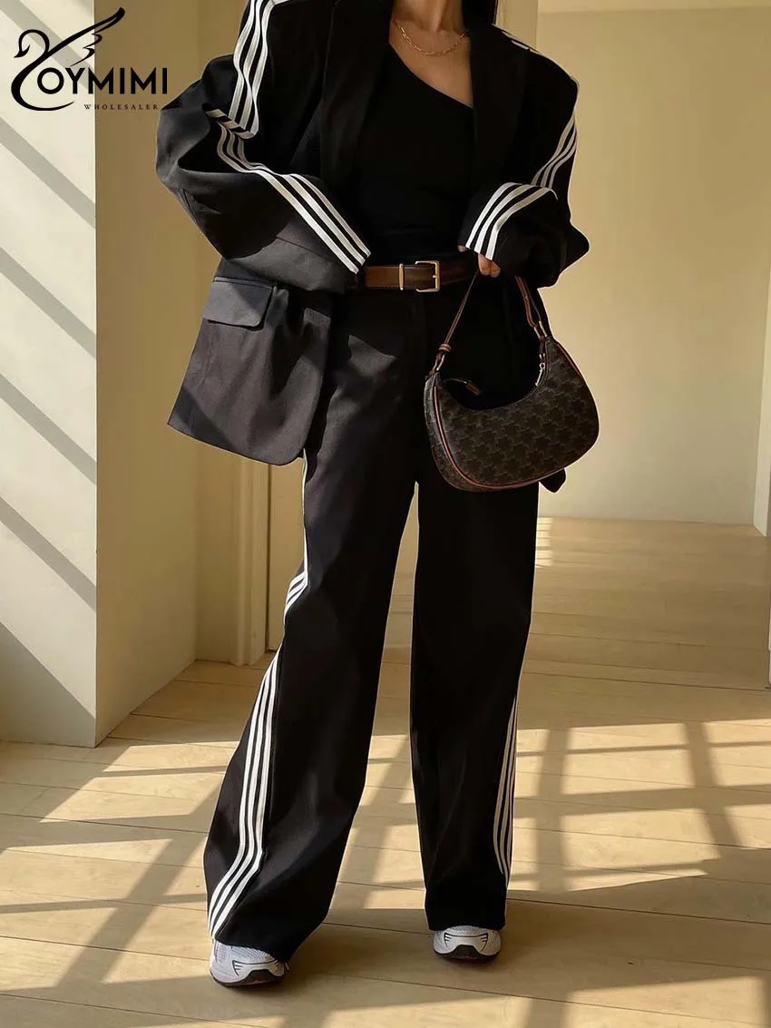 Oymimi Fashion Black Patchwork Sets For Women 2 Pieces Elegant Long Sleeve Pockets Button Shirts And High Waist Trousers Sets