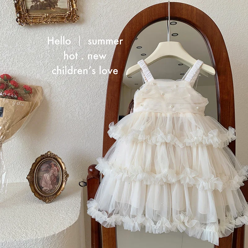 

Girls Casual Dresses New Princess Children Clothing Sling Cake Girl Baby Fluffy Mesh Yarn Soild Light Luxury Lovely