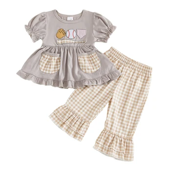 Adorable Infant Girl Baseball Uniform Shirt with Ruffled Hem and Plaid Flare Pants - 2 Piece Autumn Ensemble 1