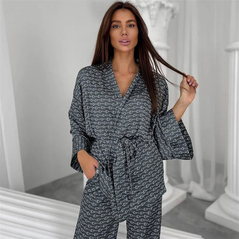 Spring Summer Women's Imitation Silk Pajamas Loose Long Sleeve Cardigan Lace Up Night-robe Pants Sexy Printed Home Clothing Set