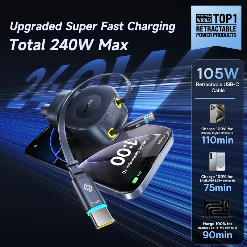 Baseus 240W Car Charger 4 Ports Built in Retractable Cable Fast Charging USB Type-C Car Phone Charger For Samsung iPhone Xiaomi - Image 2