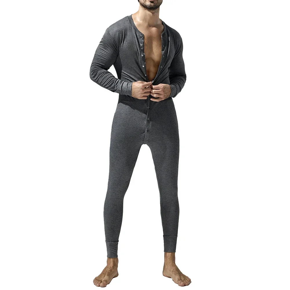 Men Jumpsuits Bodysuits Pajamas Button Down Long Sleeve Sleepwear M-XXL