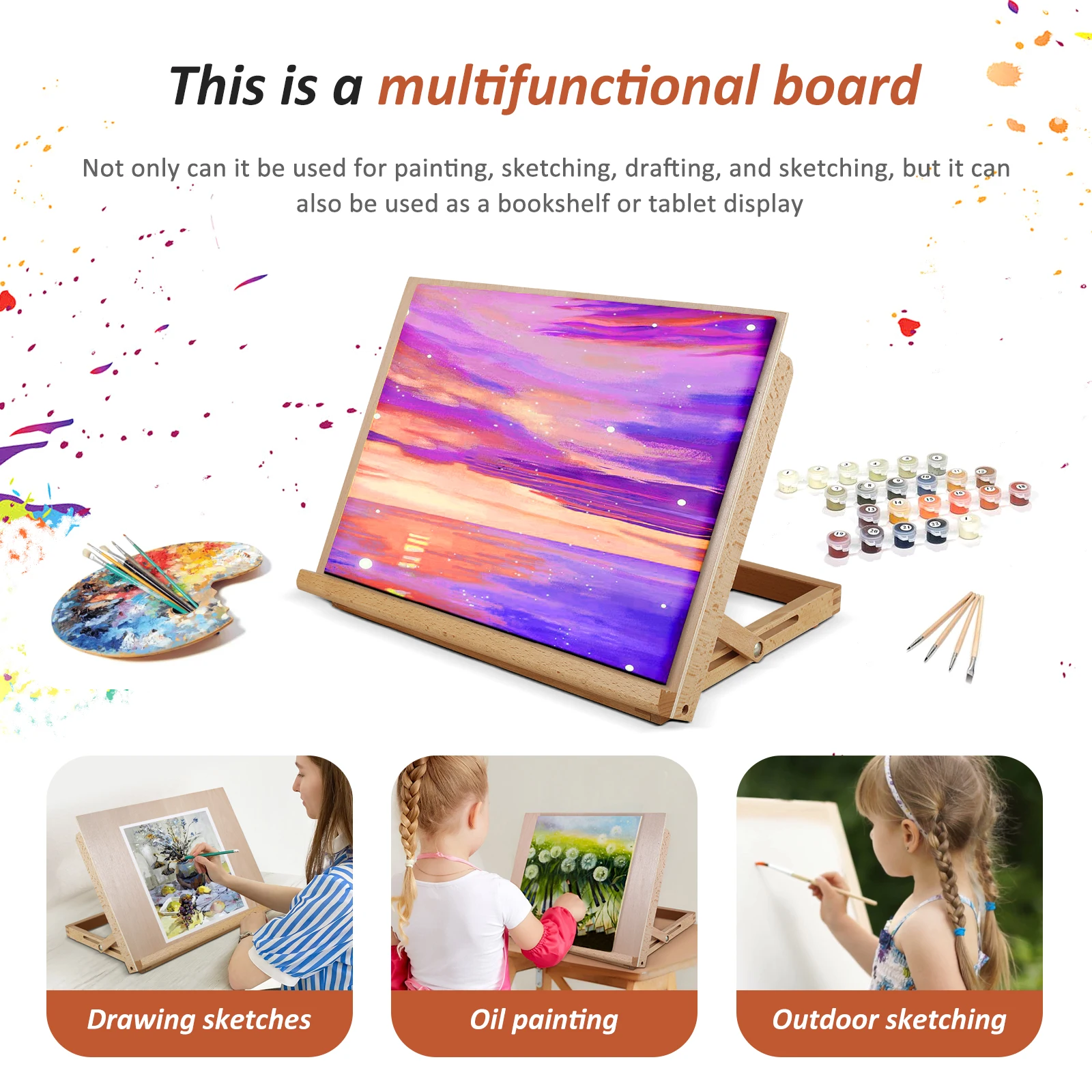 Art Easel Large Drawing Board Solid Wood Tabletop Painting Holder Adjustable Angle Folding Drawing and Sketching