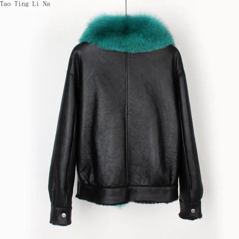 2023 Women New Quality Leather with Fur Genuine Fox Fur Collar Sheep Leather Motorcycle Coat H4
