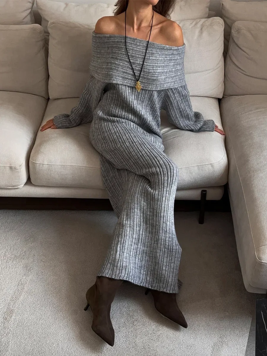 Bornladies New Autumn Winter  Fashion Knit Dress Women's Sexy  Long Sleeve Slim Fit One Shoulder Bodycon Knit Sweater Dress