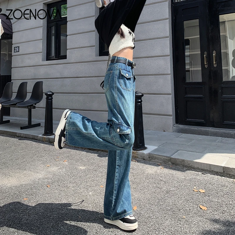 ZOENOVA 하이 퀄리티 용수철 가을 패션 신상 레트로 와이드 레그 팬츠, 캐주얼 Y2K 여성 청바지, 엄마 루즈 카고 스트레이트 팬츠