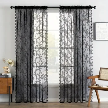 1pc Vintage Floral Embroidery Clear Black Lace Curtain Panel - Privacy & Light Filtering, Machine Washable, 1