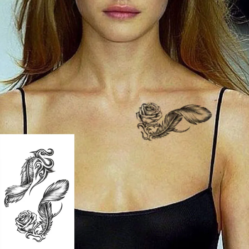 

Temporar Tattoo Sticker Black Cool Feathers Big Rose Flower Waterproof Art Water Transfer Fake Tatoo Flash Tatto for Men Women