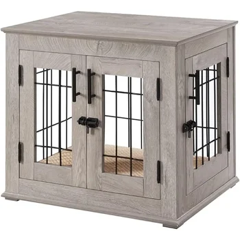 Furniture Style Dog Crate End Table, Double Doors Wooden Wire Dog Kennel with Pet Bed