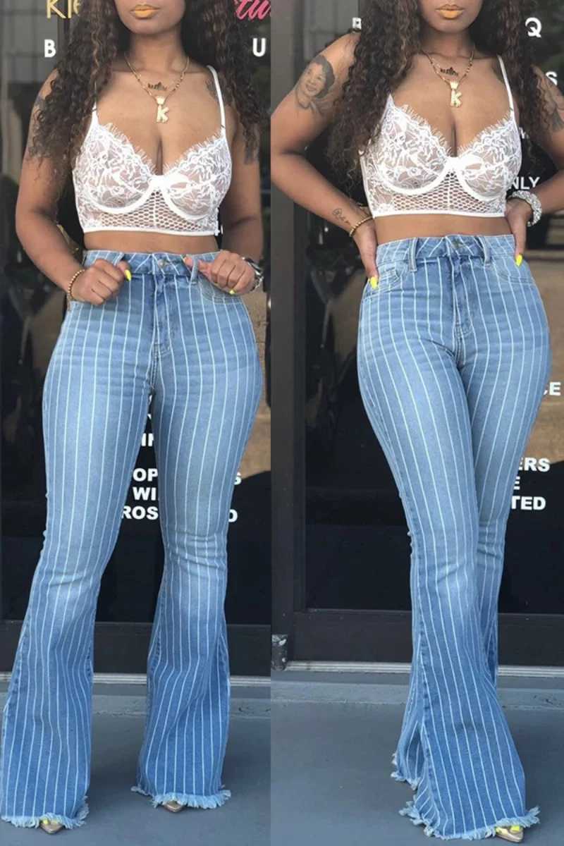Summer Women's Star Print Sexy Ripped Fringed Jeans 2023 Summer Plus Size High Waist Slim Elegant Flared Jeans Harajuku Pants