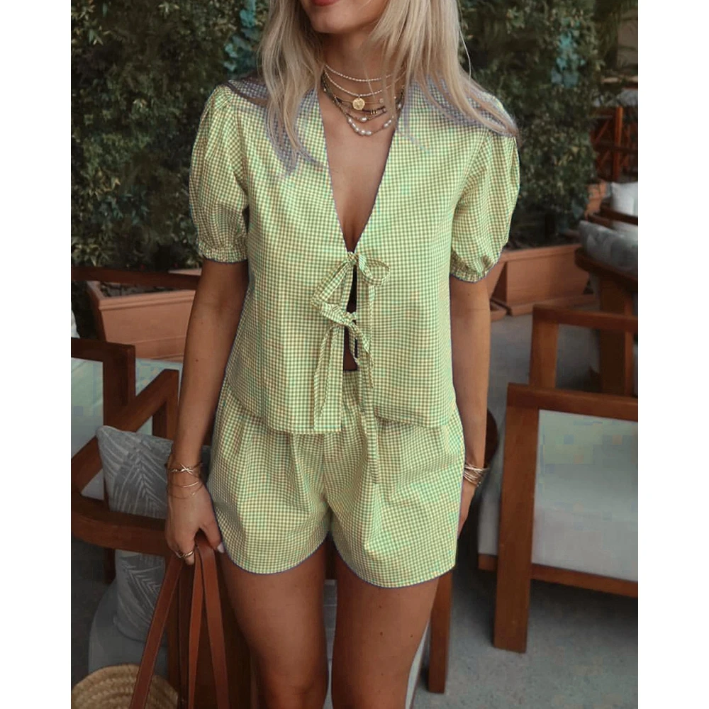 2 Pieces Shorts Sets for Women Summer Plaid Print Short Sleeve Lace-up Blouse Elastic Waist Shorts Set Casual Suits Outfit Women