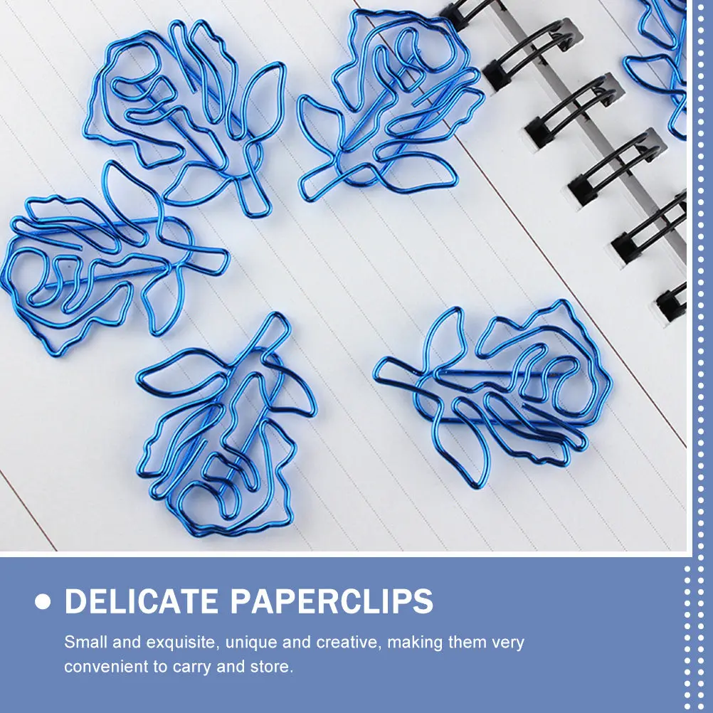 10Pcs 블루 로즈 종이 클립 사무실 노트 문서용 절묘한 모양의 클립 북마크 플래너 금속 로즈 클립