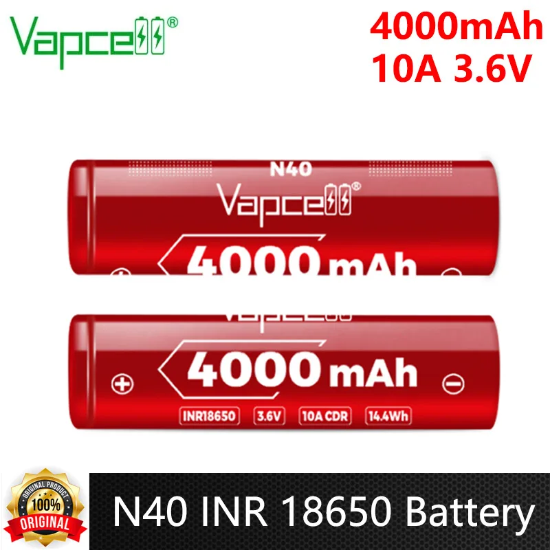 Original Vapcell N40 Inr 18650 Bateria Maior Capacidade 4000mah Cdr 10a 3.6v Baterias Recarregáveis para Uav Vapemod Lanterna