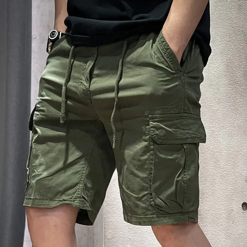 thumbnail image 1 of Pantalones cortos cargo para hombre con cordón ajustable, color caqui liso, elásticos, con bolsillo frontal, bermudas anchas de nailon de lujo para hombres grandes y altos, 1 of 4