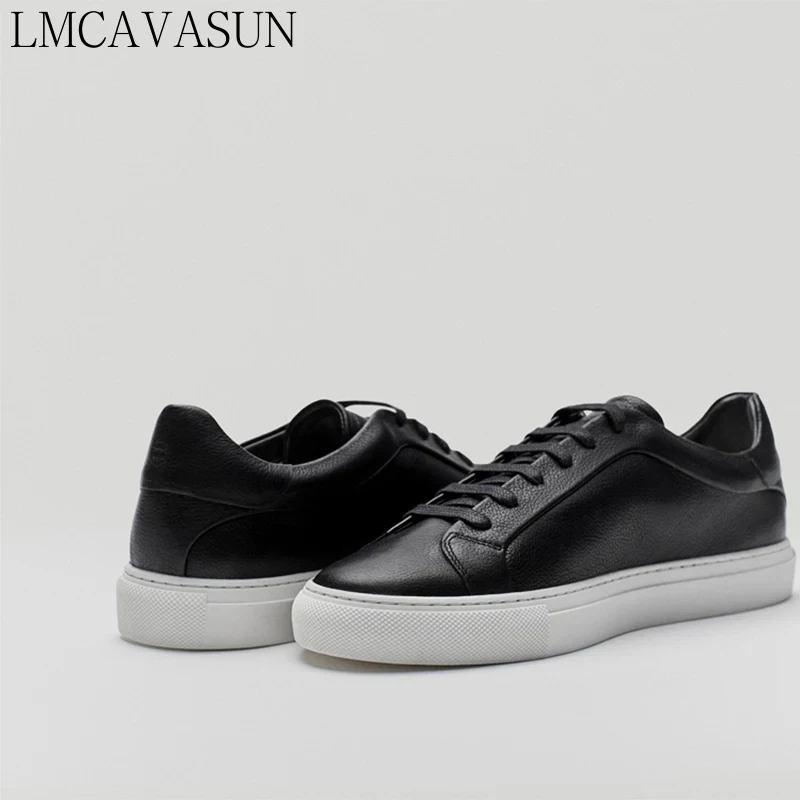 LMCAVASUN Genuine Leather Sneakers Men Casual Comfortable Vulcanized Shoes Men England Round Toe Lace Up Flat Shoes Man