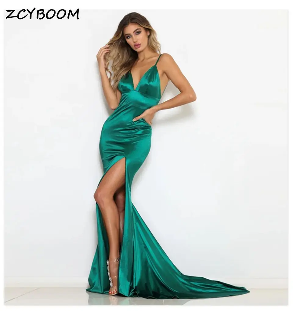 

Sexy V-neck Court Train High Slit Spaghetti Strap Pleat Evening Dress Satin Backless Mermaid 2024 Prom Dress Party Dress