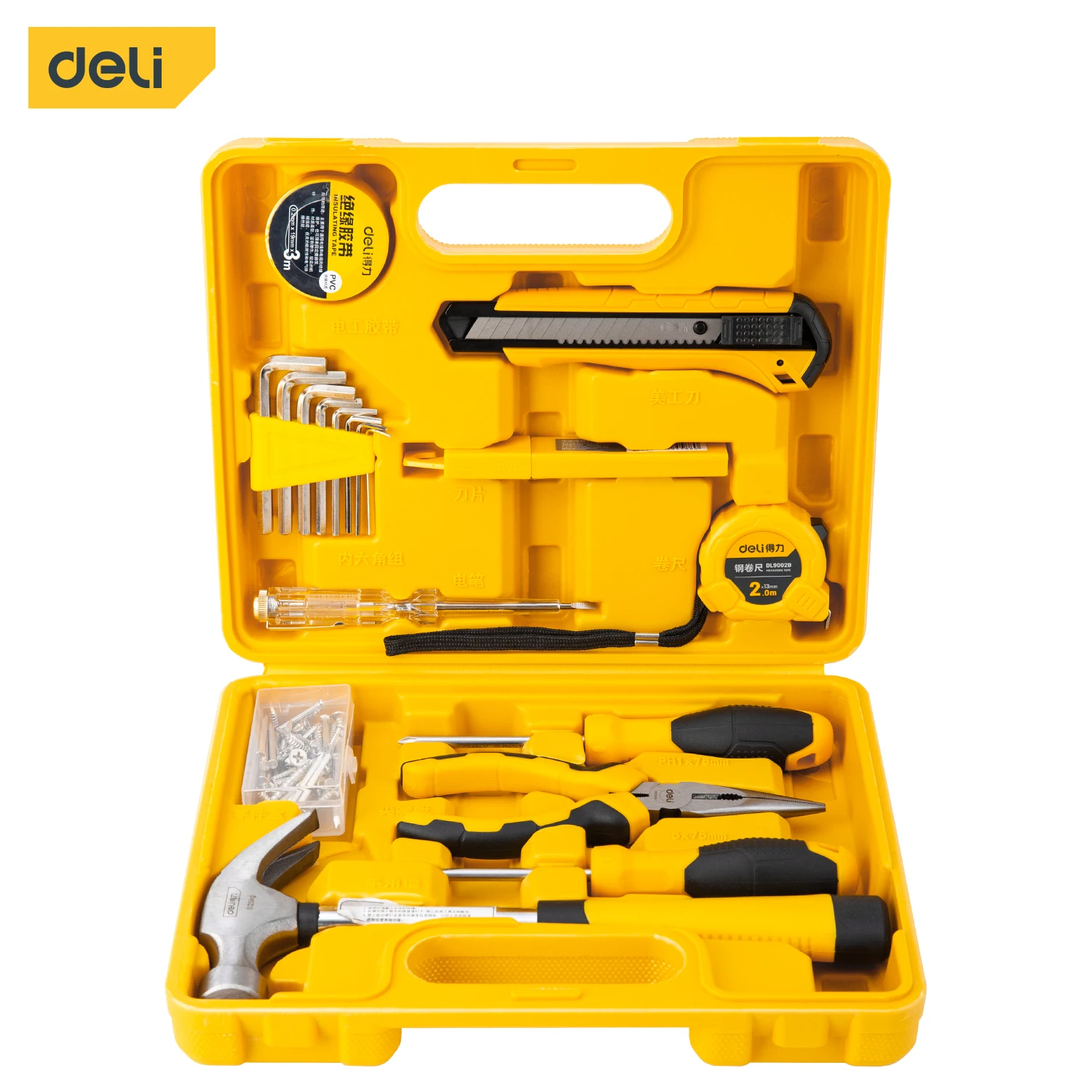 Deli 18 Pcs Hand Tools Set Household Repair Tool Kit with Wrench Screwdrivers Pliers Knife Tape Measure Home Decoration Tool Set