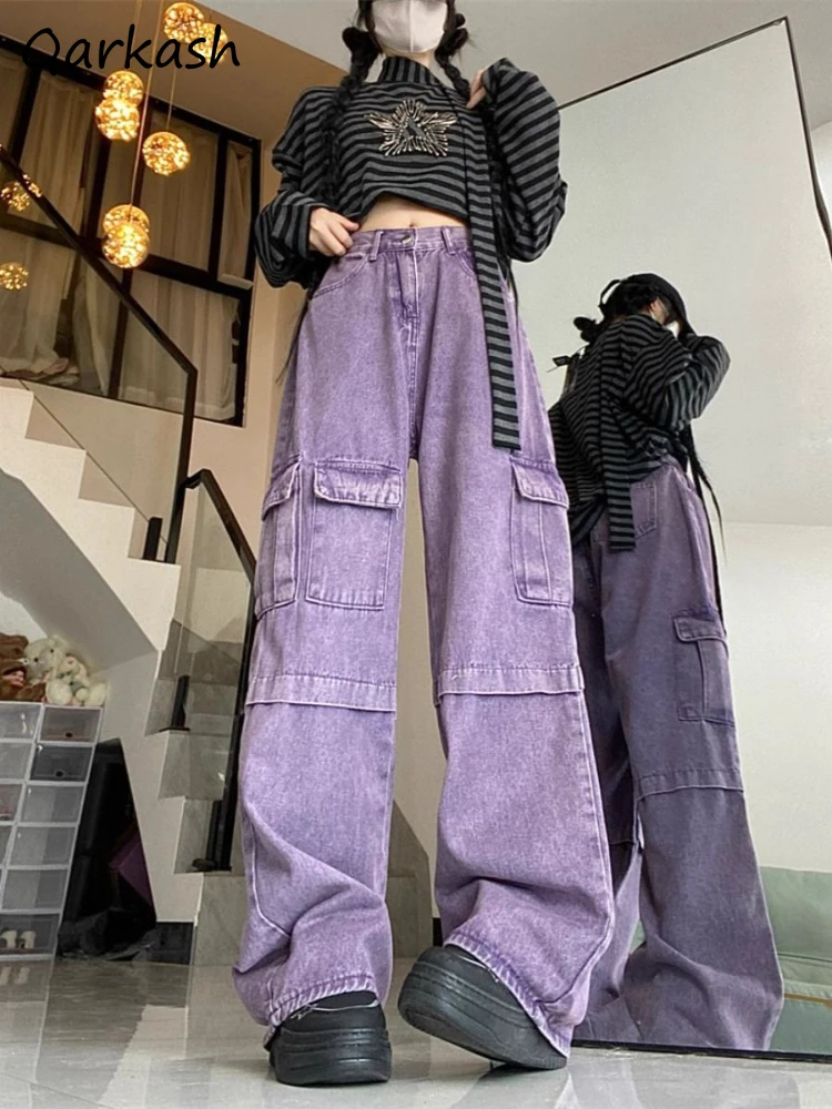 

Purple Cargo Jeans Women Multiple Pockets American Retro Loose Straight New Autumn Winter High Waist Zipper Street Office Lady
