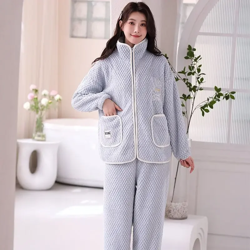 2024 New Coral Fleece Winter Pajamas Women's Long Sleeve Loungewear Velvet Thickened Warm Sleepwear Flannel Zipper Homewear Set
