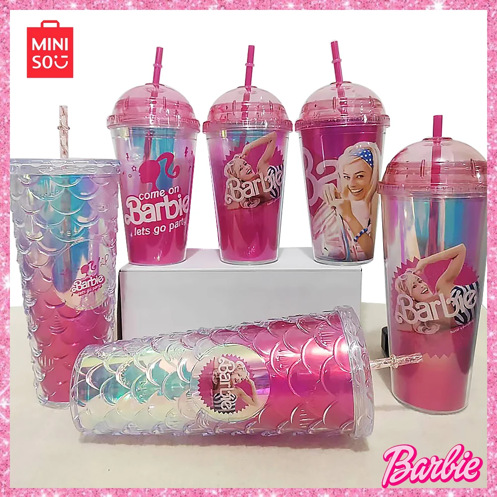 2024 Miniso Barbie New Girl Diamond Fish Scale Diamond Checker Plastica Con Paglia Tazza D'Acqua Portatile Compleanno E Regalo Di Natale