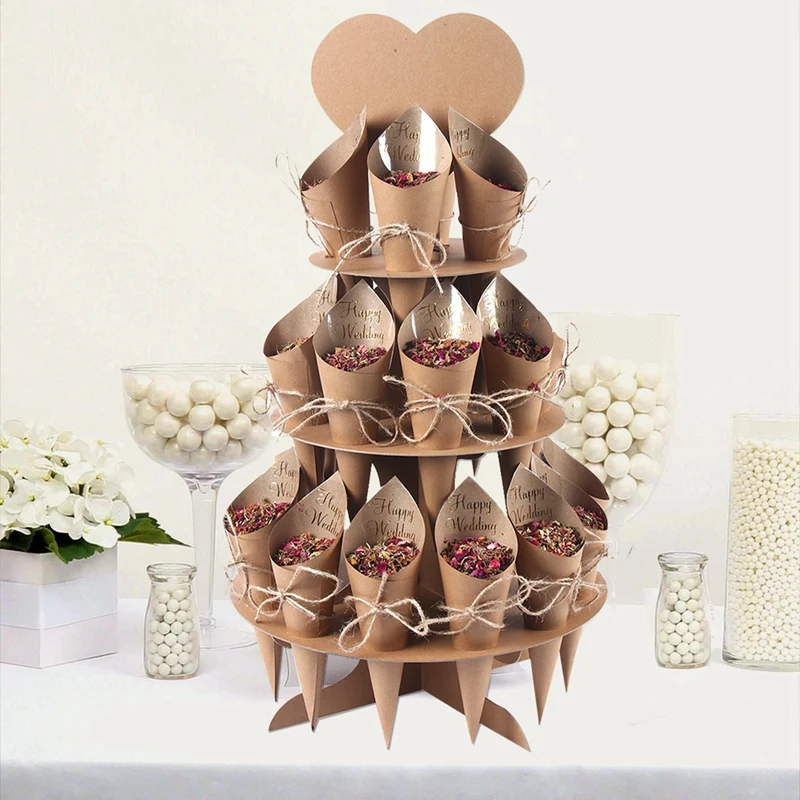 Wedding Confetti Cones Kraft Paper Wedding Tray Confetti Cone Stand Box Tray Rustic Wedding Decoration Confetti Cones Set supply