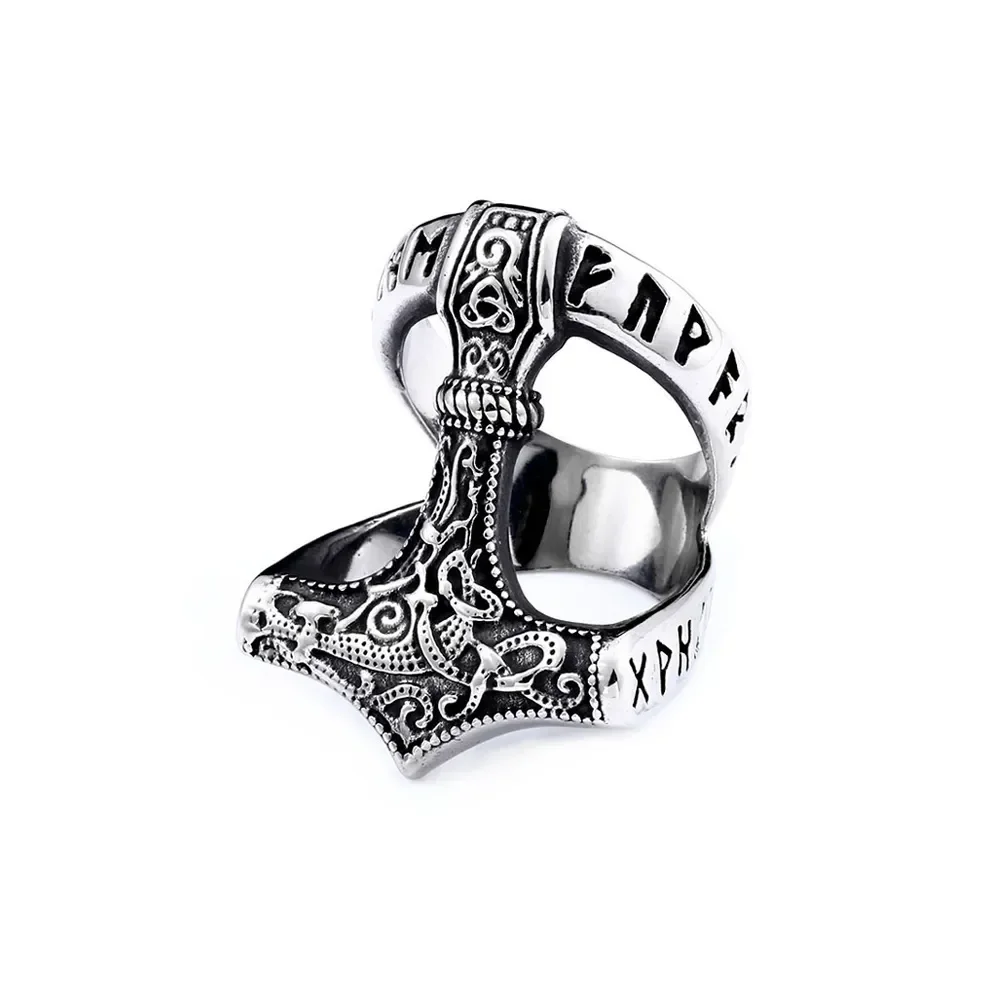 

CHUANGCHENG Vintage Viking Thor Hammer Ring for Men's Nordic Odin Rune Stainless Steel Rings Sizes 7-13