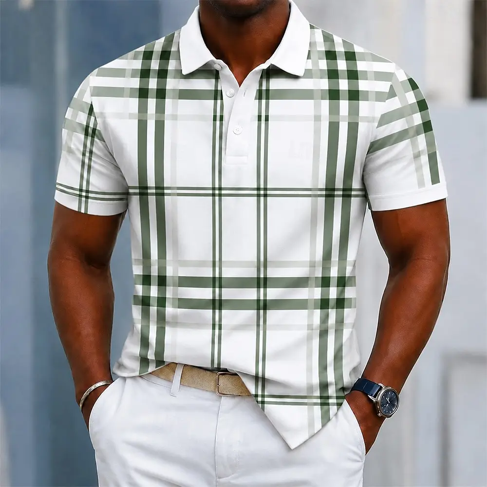 Polo da uomo con stampa classica a quadri blu e bianca, top casual per streetwear primaverile ed estivo e occasioni smart casual - immagine 2