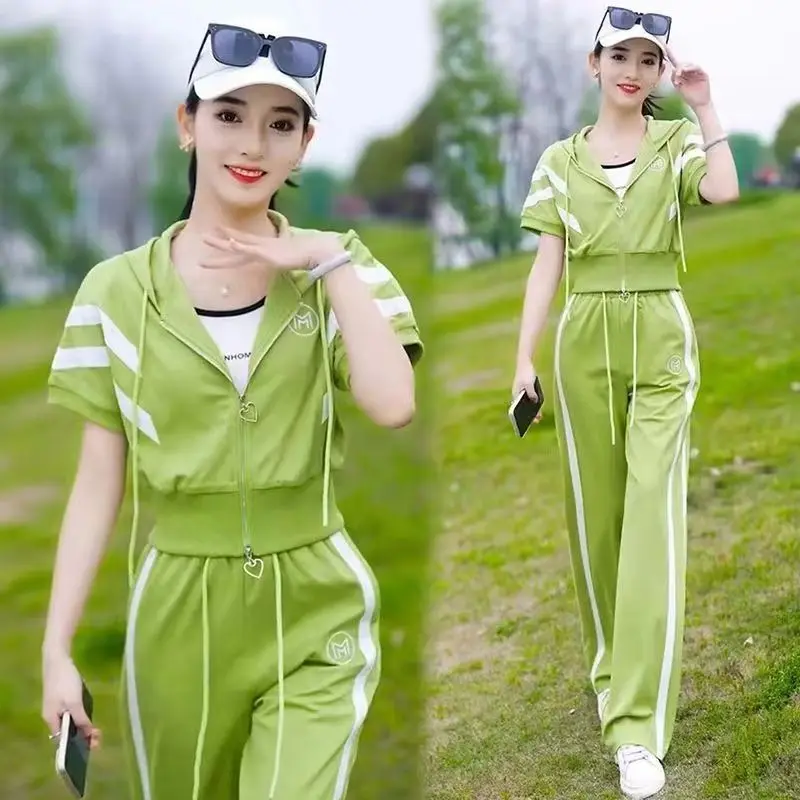 Fashion Casual Set 2024 Early Autumn Fashionable Short Sleeved Cardigan Sports Pants Elegant Women's Two Piece Set