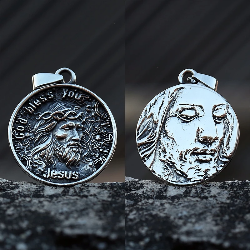 2023 New316L Stainless Steel Christ Relogio Necklace TwoFaced Relief