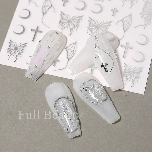 Nail York Silver Metal Mirror Butterfly Stickers with Holographic Butterflies and Star Designs | Adhesive Slider Wraps Gel Polish Decals for Nail Salons Supplies - Image 2