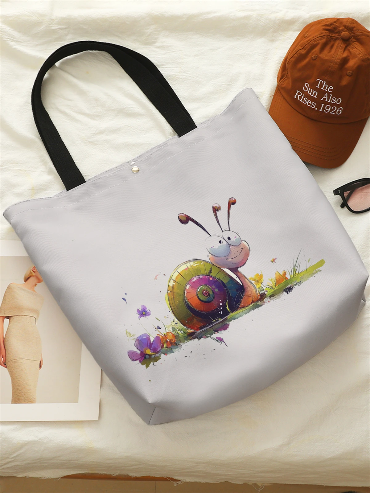1pc， Snail patterned handbag, reusable fashionable handbag, multifunctional handbag, printed canvas shopping bag